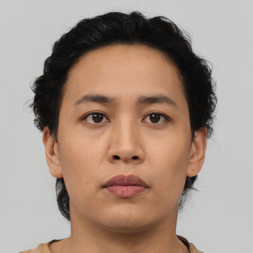Neutral asian young-adult female with short  brown hair and brown eyes