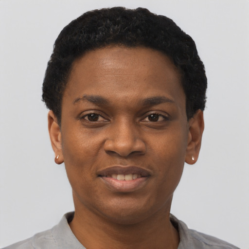 Joyful black young-adult female with short  black hair and brown eyes