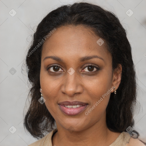 Joyful black young-adult female with medium  brown hair and brown eyes