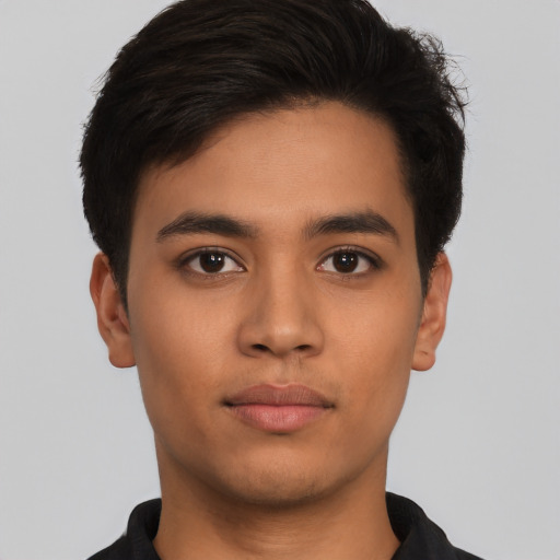 Neutral asian young-adult male with short  brown hair and brown eyes