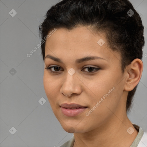 Joyful latino young-adult female with short  brown hair and brown eyes