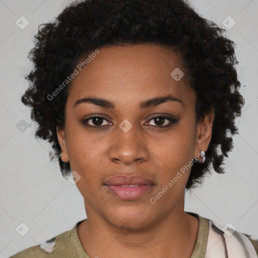 Neutral black young-adult female with short  black hair and brown eyes