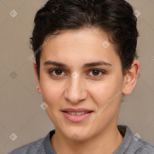 Joyful white young-adult female with short  brown hair and brown eyes