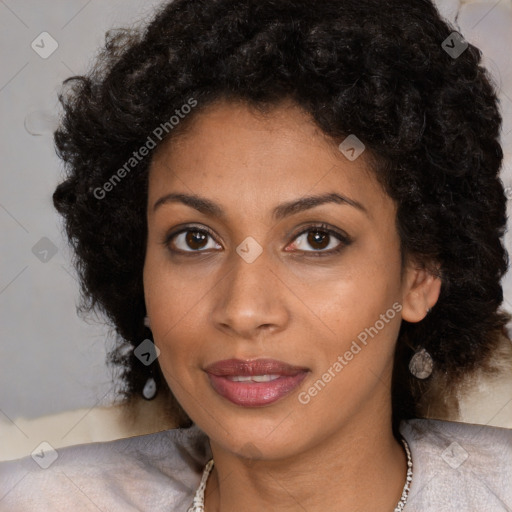 Joyful black young-adult female with medium  brown hair and brown eyes