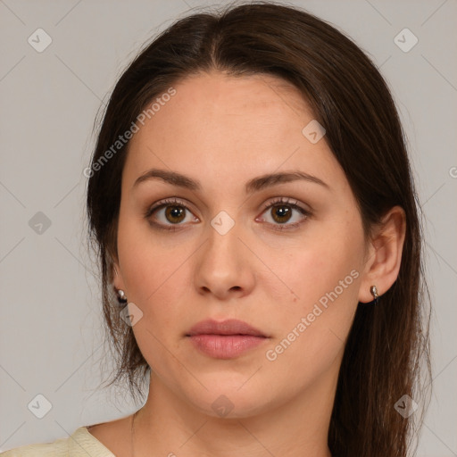 Neutral white young-adult female with medium  brown hair and brown eyes