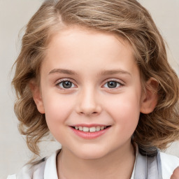 Joyful white child female with medium  brown hair and grey eyes