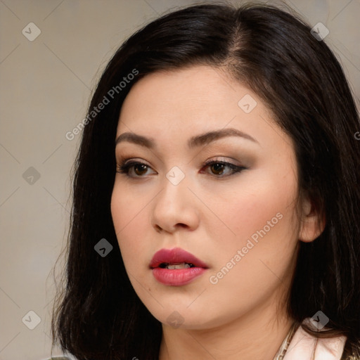 Neutral white young-adult female with medium  brown hair and brown eyes