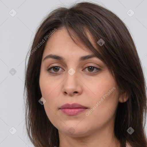 Neutral white young-adult female with medium  brown hair and brown eyes