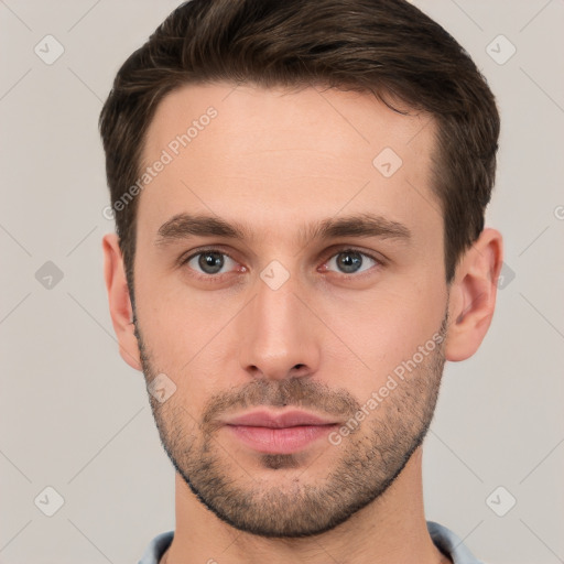 Neutral white young-adult male with short  brown hair and brown eyes