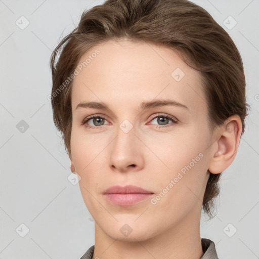 Neutral white young-adult female with medium  brown hair and grey eyes