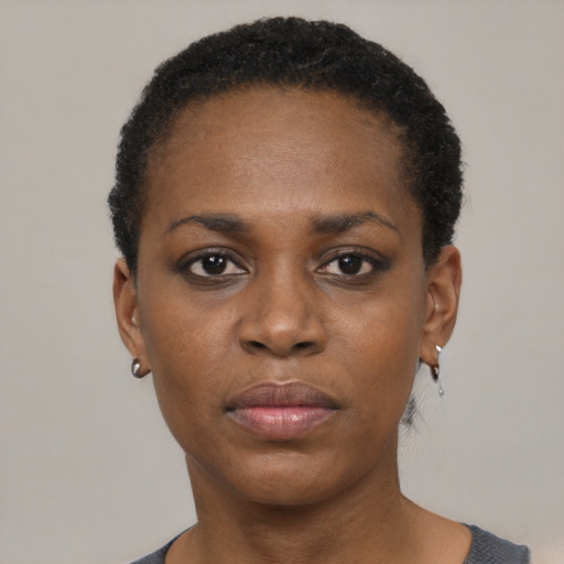 Neutral black young-adult female with short  black hair and brown eyes
