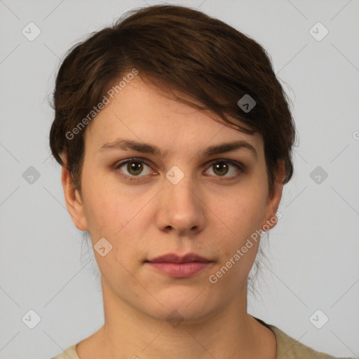 Neutral white young-adult female with short  brown hair and brown eyes