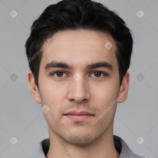 Neutral white young-adult male with short  brown hair and brown eyes