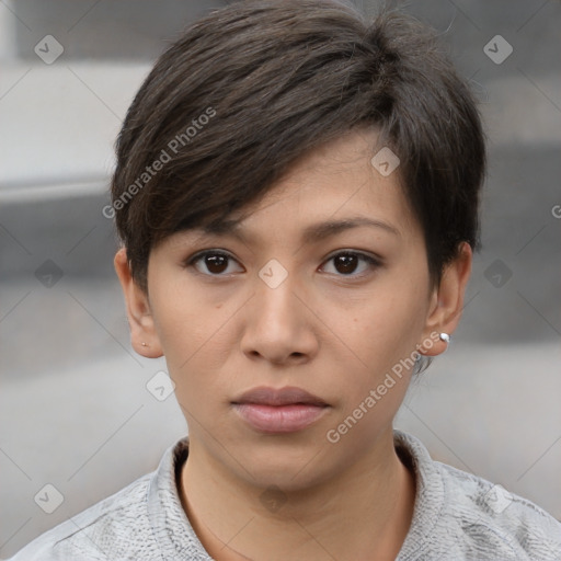 Neutral white young-adult female with short  brown hair and brown eyes