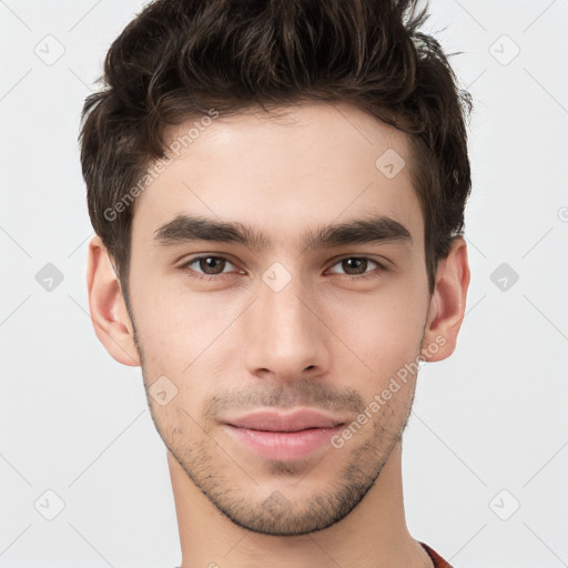 Neutral white young-adult male with short  brown hair and brown eyes