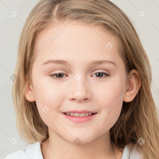 Joyful white child female with medium  brown hair and grey eyes