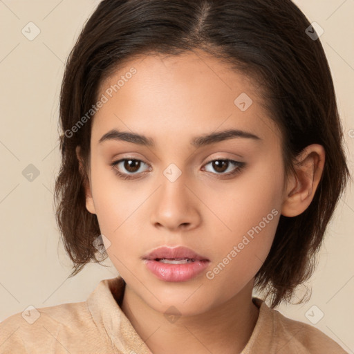 Neutral white young-adult female with long  brown hair and brown eyes