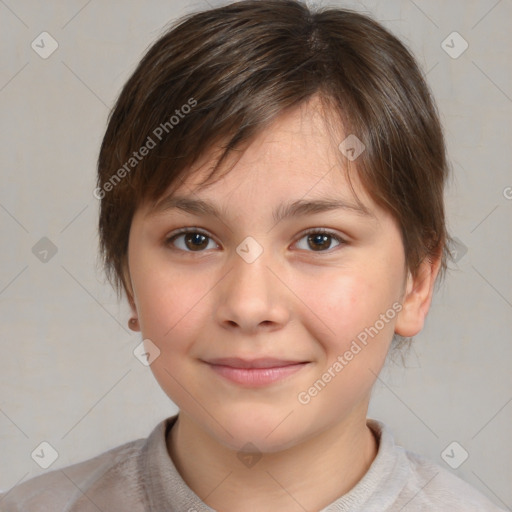 Joyful white child female with medium  brown hair and brown eyes