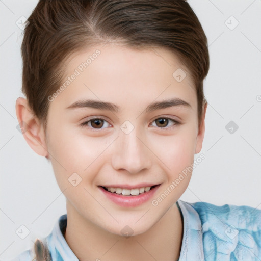 Joyful white child female with short  brown hair and brown eyes