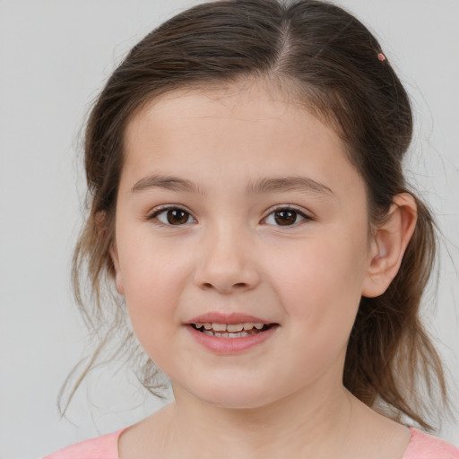 Joyful white child female with medium  brown hair and brown eyes