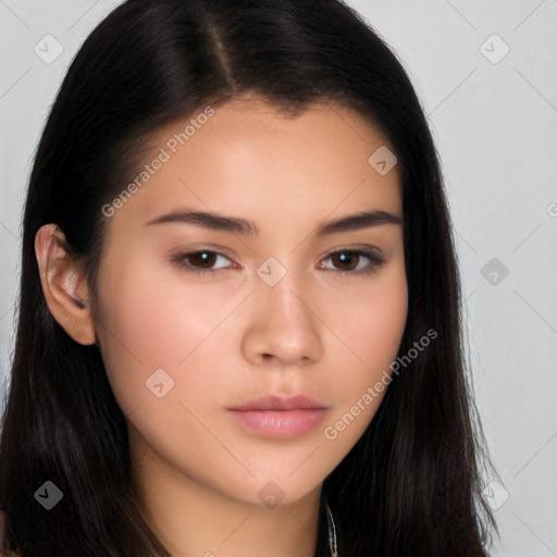 Neutral white young-adult female with long  brown hair and brown eyes