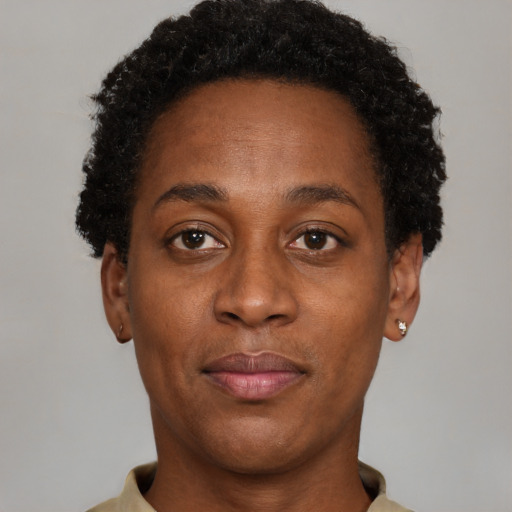 Neutral black adult female with short  brown hair and brown eyes