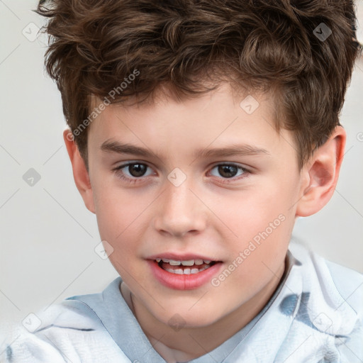 Joyful white child male with short  brown hair and brown eyes