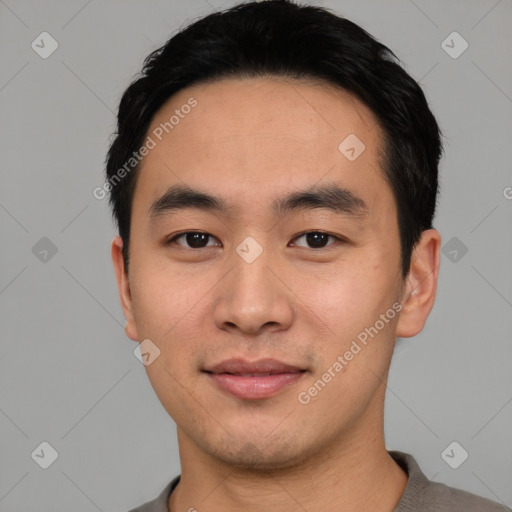 Neutral asian young-adult male with short  black hair and brown eyes