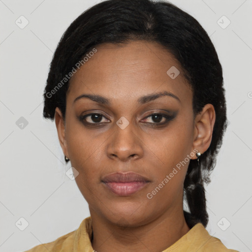 Neutral black young-adult female with short  black hair and brown eyes