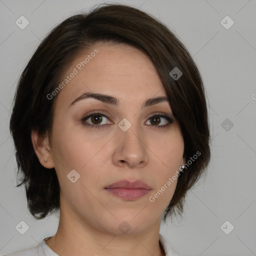 Neutral white young-adult female with medium  brown hair and brown eyes