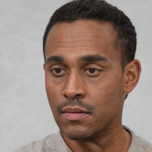Neutral black adult male with short  black hair and brown eyes