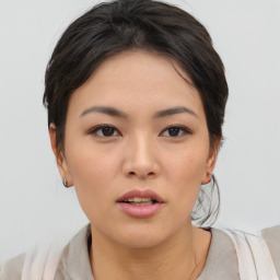 Neutral asian young-adult female with short  brown hair and brown eyes