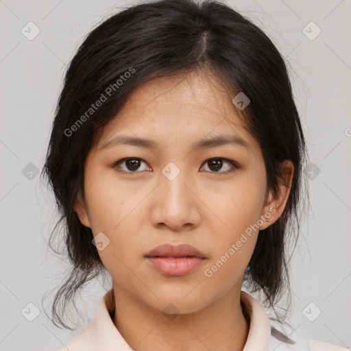 Neutral asian young-adult female with medium  brown hair and brown eyes