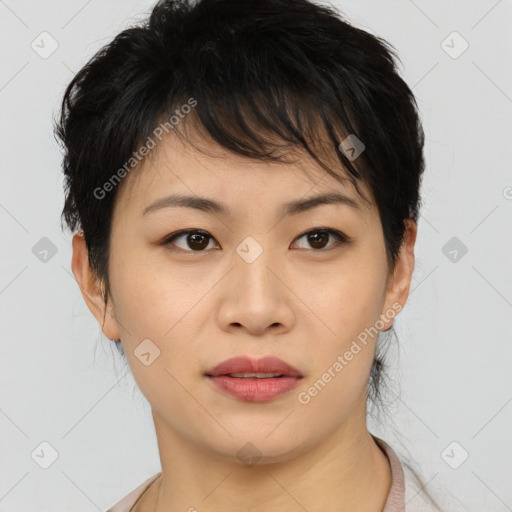 Joyful asian young-adult female with short  brown hair and brown eyes