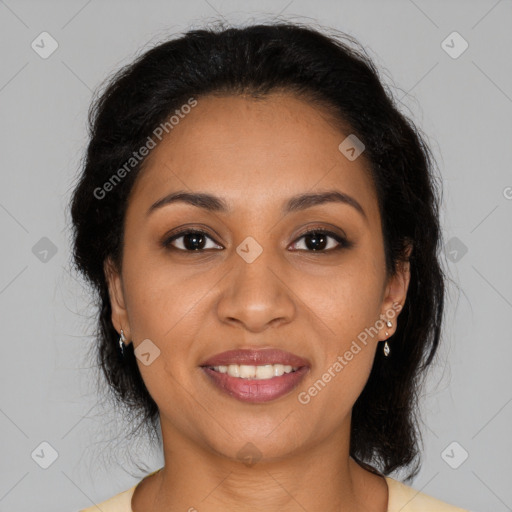 Joyful latino young-adult female with long  brown hair and brown eyes