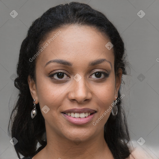 Joyful latino young-adult female with long  brown hair and brown eyes