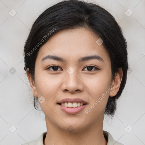 Joyful asian young-adult female with medium  black hair and brown eyes