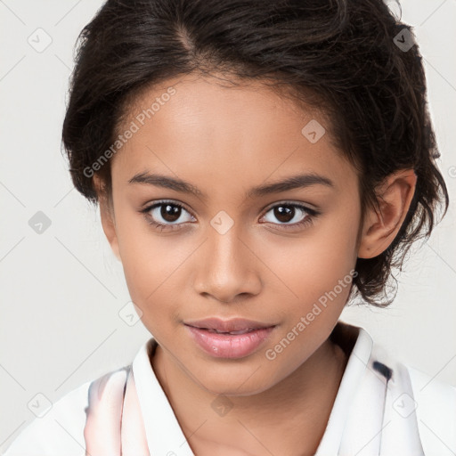 Joyful white child female with medium  brown hair and brown eyes