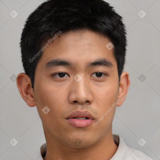 Neutral asian young-adult male with short  black hair and brown eyes