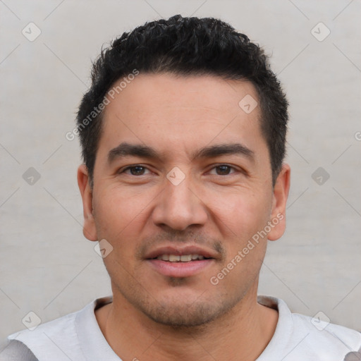 Joyful white young-adult male with short  black hair and brown eyes
