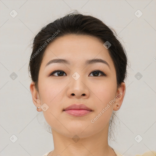 Neutral asian young-adult female with medium  brown hair and brown eyes