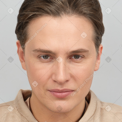 Joyful white adult female with short  brown hair and grey eyes