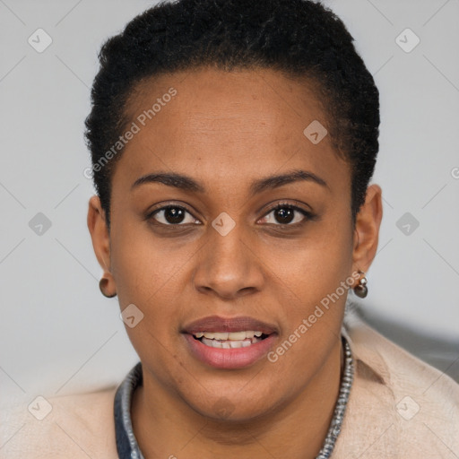 Joyful black young-adult female with short  brown hair and brown eyes