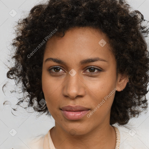 Neutral black young-adult female with medium  brown hair and brown eyes