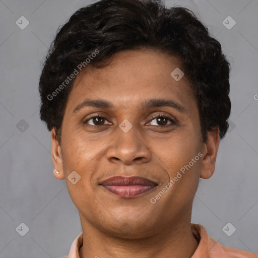 Joyful latino young-adult male with short  brown hair and brown eyes