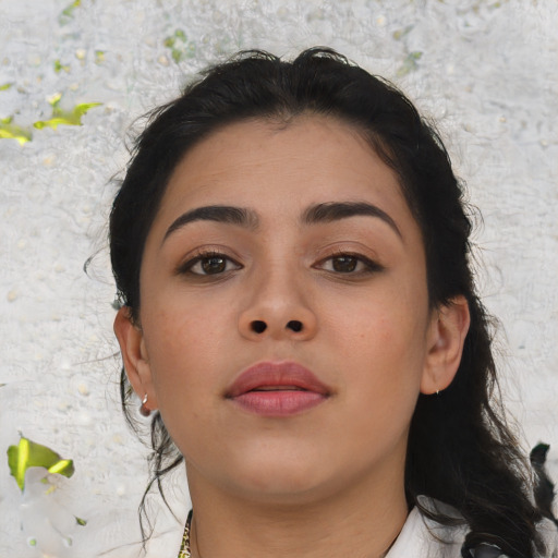 Neutral asian young-adult female with medium  brown hair and brown eyes