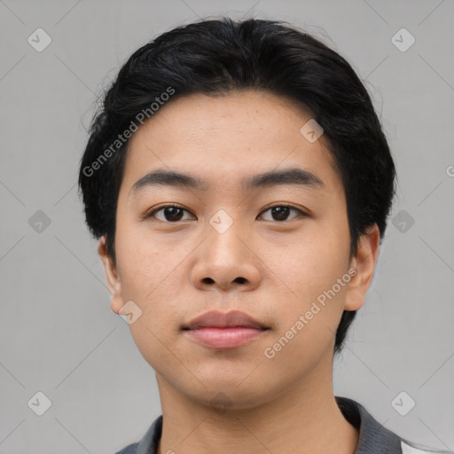 Neutral asian young-adult male with short  black hair and brown eyes