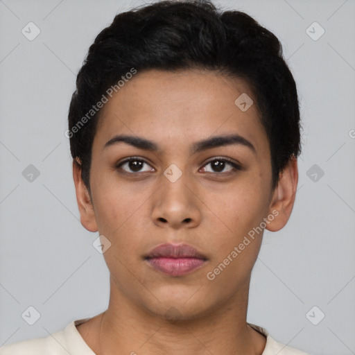 Neutral asian young-adult female with short  black hair and brown eyes