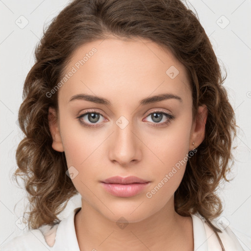 Neutral white young-adult female with medium  brown hair and brown eyes