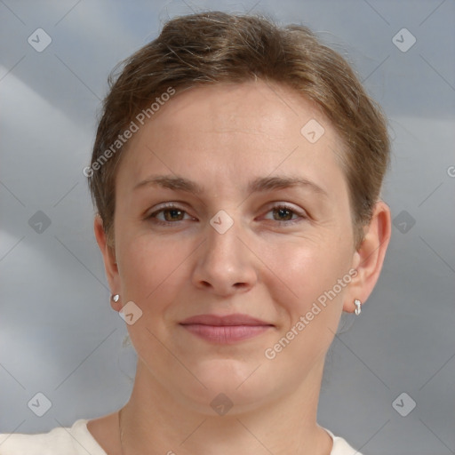 Joyful white young-adult female with short  brown hair and brown eyes